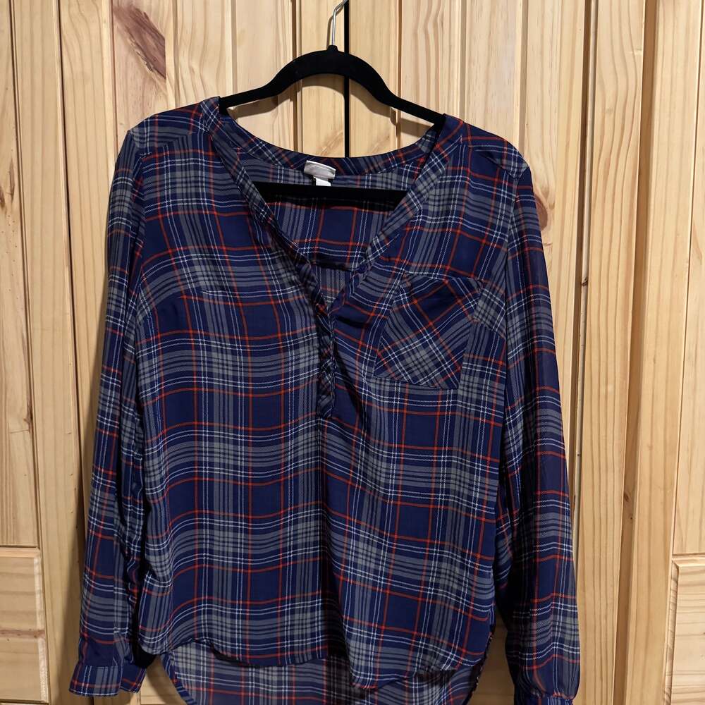 Merona Women's Plaid Long Sleeve Button Down Shirt Blue Pink